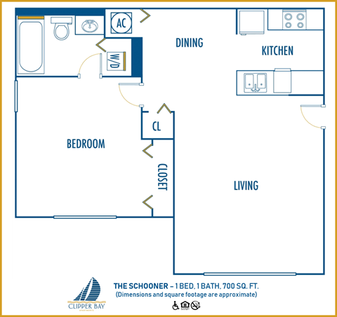 Floor plan for 1 bed, 1 bath, 700 sqft